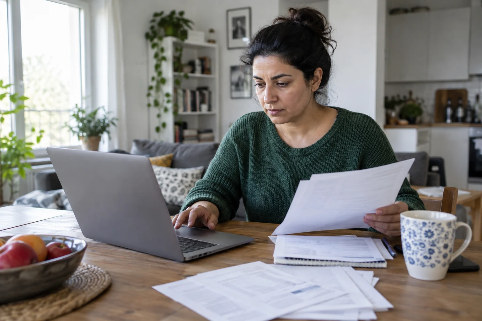 Frau sieht ihre Haushaltsunterlagen am Laptop durch